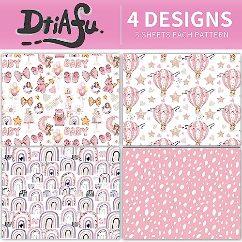 Dtiafu Baby Shower Wrapping Paper for Baby Girl - 12 Sheets Pink Gift Wrap with Baby Feet Bear Unicorn Rainbow Princess Shoes Designs - 20 x 28inch Per Sheet