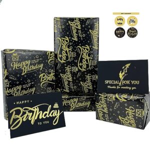 dtiafu birthday wrapping paper for men adult women boys - 6 folded sheets black metallic gold foil wrapping paper - gift wrapping paper with 2 birthday cards and stickers - 20 x 28inch per sheet