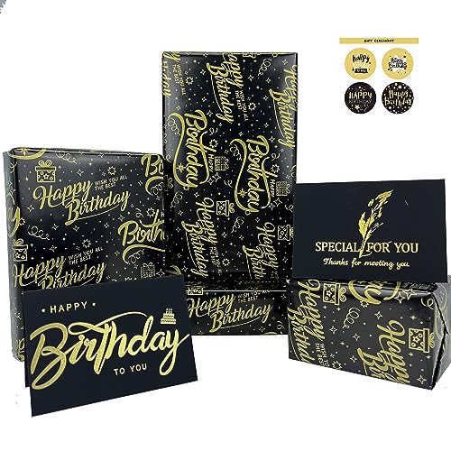 Dtiafu Birthday Wrapping Paper for Men Adult Women Boys - 6 Folded Sheets Black Metallic Gold Foil Wrapping Paper - Gift Wrapping Paper with 2 Birthday Cards and Stickers - 20 x 28inch Per Sheet