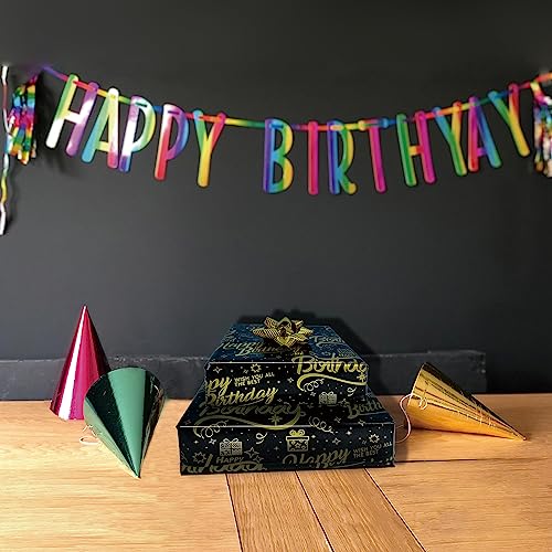 Dtiafu Birthday Wrapping Paper for Men Adult Women Boys - 6 Folded Sheets Black Metallic Gold Foil Wrapping Paper - Gift Wrapping Paper with 2 Birthday Cards and Stickers - 20 x 28inch Per Sheet