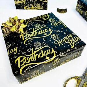 Dtiafu Birthday Wrapping Paper for Men Adult Women Boys - 6 Folded Sheets Black Metallic Gold Foil Wrapping Paper - Gift Wrapping Paper with 2 Birthday Cards and Stickers - 20 x 28inch Per Sheet