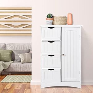 SUPER DEAL Freestanding Bathroom Floor Storage Cabinet with 4 Drawers and Adjustable Shelves, Living Room Entryway Home Furniture Storage Organizer Unit, White¡­