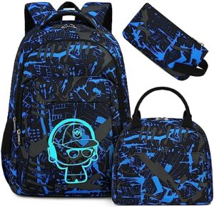 ledaou backpack for teen boys school bags kids bookbags set school backpack with lunch box and pencil case (graffiti blue)