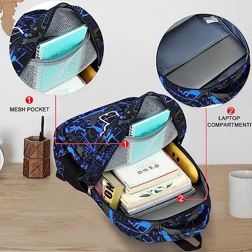 LEDAOU Backpack for Teen Boys School Bags Kids Bookbags Set School Backpack with Lunch Box and Pencil Case (Graffiti Blue)