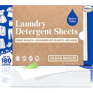 laundry detergent sheets travel nativ tales, laundry sheets detergent with easily dissolved of zero plastic waste and exclusive formula for sensitive skin, 180 loads- ocean breeze scent