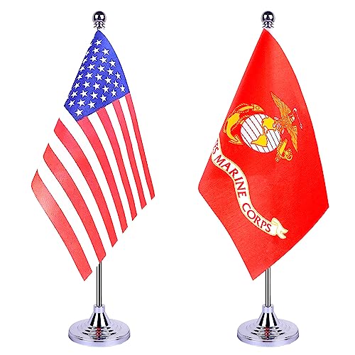 GentleGirl US Army Marine Corps Table Flag Stick Small Mini United States Military Polyester Flag Office Table Flag on Stand Base,for Army Party Events Celebration Decorations Supplies