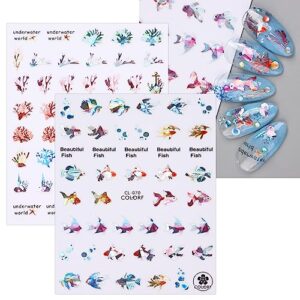 JMEOWIO 8 Sheets Summer Ocean Mermaid Nail Art Stickers Decals Self-Adhesive Pegatinas Uñas Colorful Nail Supplies Nail Art Design Decoration Accessories