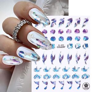 JMEOWIO 8 Sheets Summer Ocean Mermaid Nail Art Stickers Decals Self-Adhesive Pegatinas Uñas Colorful Nail Supplies Nail Art Design Decoration Accessories