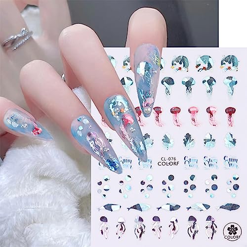 JMEOWIO 8 Sheets Summer Ocean Mermaid Nail Art Stickers Decals Self-Adhesive Pegatinas Uñas Colorful Nail Supplies Nail Art Design Decoration Accessories