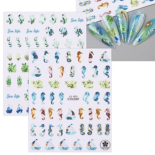 JMEOWIO 8 Sheets Summer Ocean Mermaid Nail Art Stickers Decals Self-Adhesive Pegatinas Uñas Colorful Nail Supplies Nail Art Design Decoration Accessories