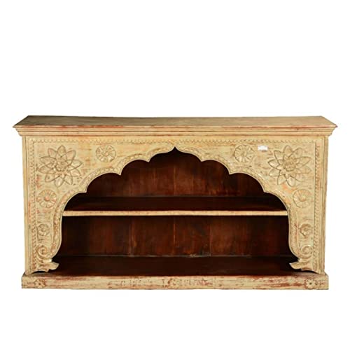 Hand Carved Solid Wood 2 Open Shelf Wood Wide Arched Bookshelf,Natural Finish Book Shelf, Distressed Finished Boho Indian Cabinet for Living Room Storage Bookshelf