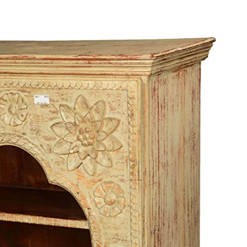 Hand Carved Solid Wood 2 Open Shelf Wood Wide Arched Bookshelf,Natural Finish Book Shelf, Distressed Finished Boho Indian Cabinet for Living Room Storage Bookshelf