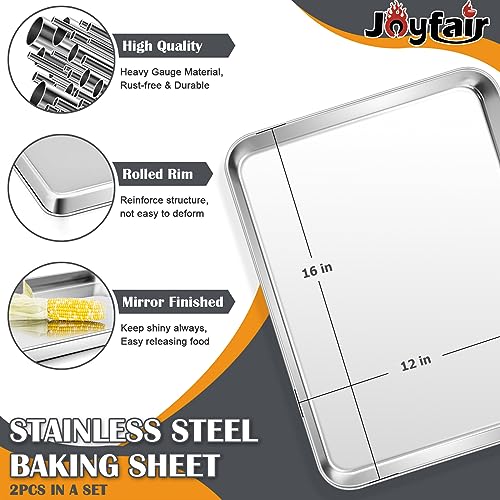 2Pcs Baking Sheet Pan Set (16inch), Joyfair Stainless Steel Large Cookie Sheets, Commercial Metal Pans Tray Oven Bakeware for Jelly Roll/Bread/Bacon, Non Toxic & Healthy, Rust-free & Dishwasher Safe