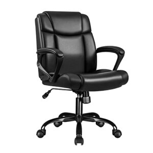 furniwell home office chair mid back executive computer chair ergonomic desk chair swivel adjustable pu leather chair with armrests lumbar support (black)