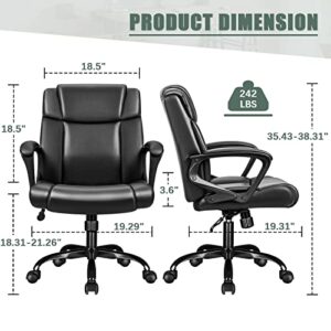 Furniwell Home Office Chair Mid Back Executive Computer Chair Ergonomic Desk Chair Swivel Adjustable PU Leather Chair with Armrests Lumbar Support (Black)