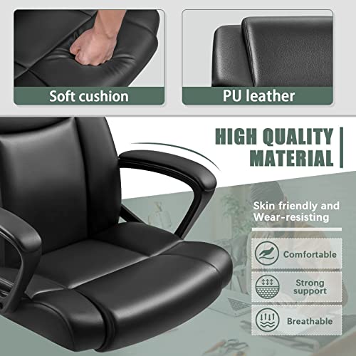 Furniwell Home Office Chair Mid Back Executive Computer Chair Ergonomic Desk Chair Swivel Adjustable PU Leather Chair with Armrests Lumbar Support (Black)