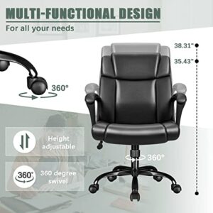 Furniwell Home Office Chair Mid Back Executive Computer Chair Ergonomic Desk Chair Swivel Adjustable PU Leather Chair with Armrests Lumbar Support (Black)