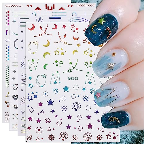 JMEOWIO 12 Sheets Moon Star Nail Art Stickers Decals Self-Adhesive Pegatinas Uñas Colorful Nail Supplies Nail Art Design Decoration Accessories