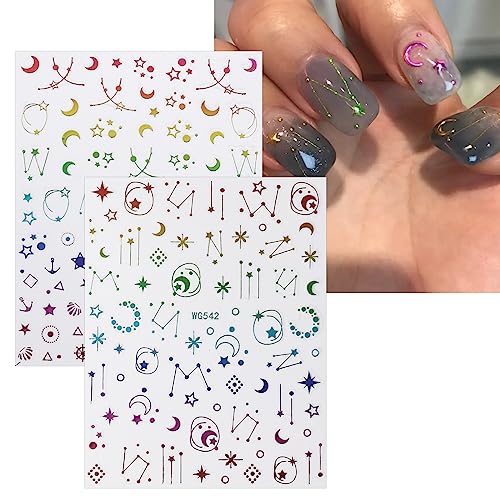 JMEOWIO 12 Sheets Moon Star Nail Art Stickers Decals Self-Adhesive Pegatinas Uñas Colorful Nail Supplies Nail Art Design Decoration Accessories