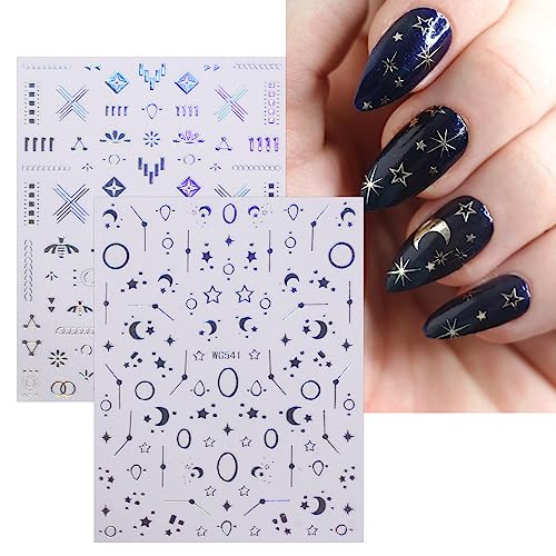 JMEOWIO 12 Sheets Moon Star Nail Art Stickers Decals Self-Adhesive Pegatinas Uñas Colorful Nail Supplies Nail Art Design Decoration Accessories