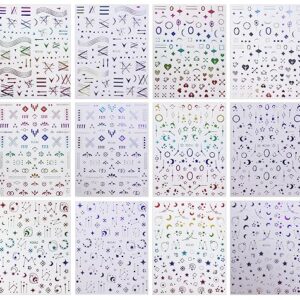 JMEOWIO 12 Sheets Moon Star Nail Art Stickers Decals Self-Adhesive Pegatinas Uñas Colorful Nail Supplies Nail Art Design Decoration Accessories