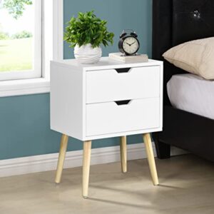 machome nightstand, bedside 2 drawers and rubber wood legs, mid-century modern storage cabinet, end side table, for bedroom living room furniture, white