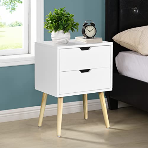 MACHOME NightStand, Bedside 2 Drawers and Rubber Wood Legs, Mid-Century Modern Storage Cabinet, End Side Table, for Bedroom Living Room Furniture, White