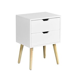 MACHOME NightStand, Bedside 2 Drawers and Rubber Wood Legs, Mid-Century Modern Storage Cabinet, End Side Table, for Bedroom Living Room Furniture, White