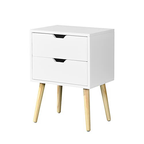 MACHOME NightStand, Bedside 2 Drawers and Rubber Wood Legs, Mid-Century Modern Storage Cabinet, End Side Table, for Bedroom Living Room Furniture, White
