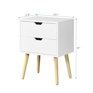 MACHOME NightStand, Bedside 2 Drawers and Rubber Wood Legs, Mid-Century Modern Storage Cabinet, End Side Table, for Bedroom Living Room Furniture, White