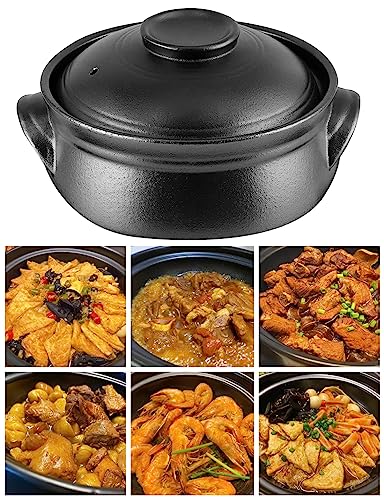 Korean Premium Stoneware Black Casserole Clay Pot with Lid,For Cooking Hot Pot Dolsot Bibimbap and Soup .(1100ml)