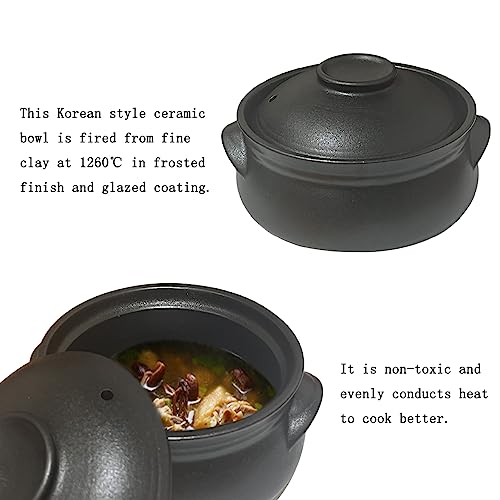 Korean Premium Stoneware Black Casserole Clay Pot with Lid,For Cooking Hot Pot Dolsot Bibimbap and Soup .(1100ml)