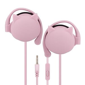 qearfun kitty earbuds for kids with ear hooks, kawakii wired over ear headphones earphones gifts for school girls and boys with microphone & ear loops(pink)