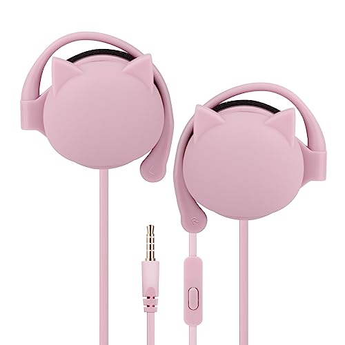 QearFun Kitty Earbuds for Kids with Ear Hooks, Kawakii Wired Over Ear Headphones Earphones Gifts for School Girls and Boys with Microphone & Ear Loops(Pink)