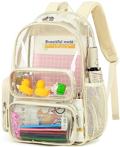 CAMTOP Clear Backpack Heavy Duty PVC Transparent Bag See Through BookBag for Student School Work Festival Sport Travel(17 Inch,Beige)