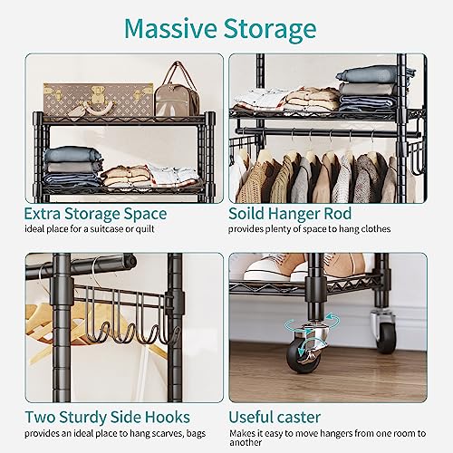 NATRKE Rolling Garment Rack 3 Tiers Heavy Duty, Adjustable Freestanding Clothing Rack With Wheels, Garment Rack with Storage Shelves 2 Pairs Side Hooks, Max Load 420 lbs, Black S1