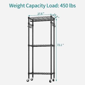 NATRKE Rolling Garment Rack 3 Tiers Heavy Duty, Adjustable Freestanding Clothing Rack With Wheels, Garment Rack with Storage Shelves 2 Pairs Side Hooks, Max Load 420 lbs, Black S1