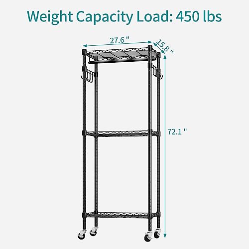 NATRKE Rolling Garment Rack 3 Tiers Heavy Duty, Adjustable Freestanding Clothing Rack With Wheels, Garment Rack with Storage Shelves 2 Pairs Side Hooks, Max Load 420 lbs, Black S1