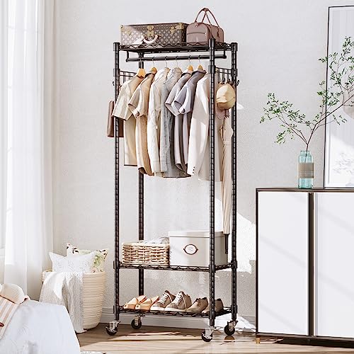 NATRKE Rolling Garment Rack 3 Tiers Heavy Duty, Adjustable Freestanding Clothing Rack With Wheels, Garment Rack with Storage Shelves 2 Pairs Side Hooks, Max Load 420 lbs, Black S1