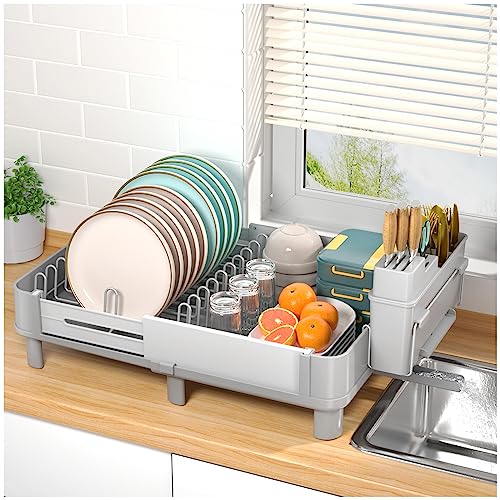 YKLSLH Expandable Dish Drying Rack Dish Racks for Kitchen Counter, Space Saving Dish Rack,12.6"-18.6" Expandable Drying Rack with Drainboard, Utensil Holder - Gray