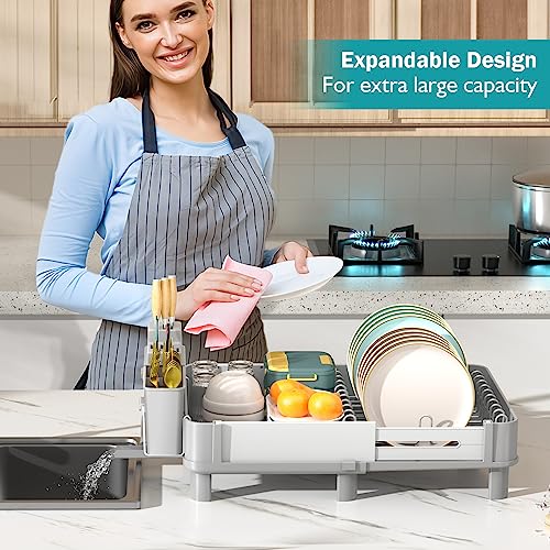 YKLSLH Expandable Dish Drying Rack Dish Racks for Kitchen Counter, Space Saving Dish Rack,12.6"-18.6" Expandable Drying Rack with Drainboard, Utensil Holder - Gray