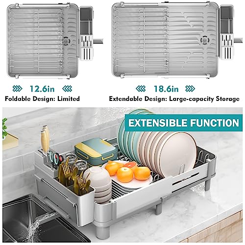 YKLSLH Expandable Dish Drying Rack Dish Racks for Kitchen Counter, Space Saving Dish Rack,12.6"-18.6" Expandable Drying Rack with Drainboard, Utensil Holder - Gray