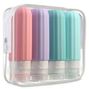 mrsdry travel bottles for toiletries, tsa carry on approved toiletries containers, 3 ounce leak proof squeezable silicone tubes, refillable travel accessories for shampoo body wash liquids (4 pack)