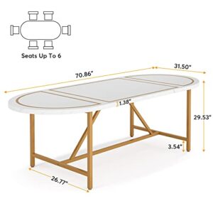 Tribesigns Modern Dining Table for 6 People, Gold White Oval Dining Room Table with Gold Metal Frame, 70.8 Inch Kitchen Tables for Home Kitchen Dining Room