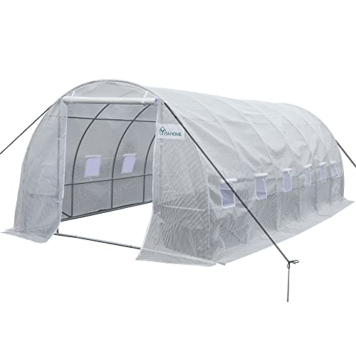 YITAHOME 20x10x7ft Greenhouse Outdoor Heavy Duty Greenhouses Outside Large Walk-in Tunnel Green Houses Gardening Galvanized Steel Stake Ropes Zipper Door 7 Crossbars Garden, White