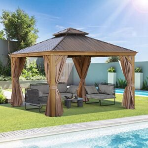 12 * 12ft hardtop gazebo pavilion aluminum frame with galvanized steel canopy outdoor permanent gazebo with netting and curtains deck backyard heavy duty sunshade large metal patio gazebo, brown