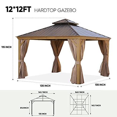 12 * 12FT Hardtop Gazebo Pavilion Aluminum Frame with Galvanized Steel Canopy Outdoor Permanent Gazebo with Netting and Curtains Deck Backyard Heavy Duty Sunshade Large Metal Patio Gazebo, Brown