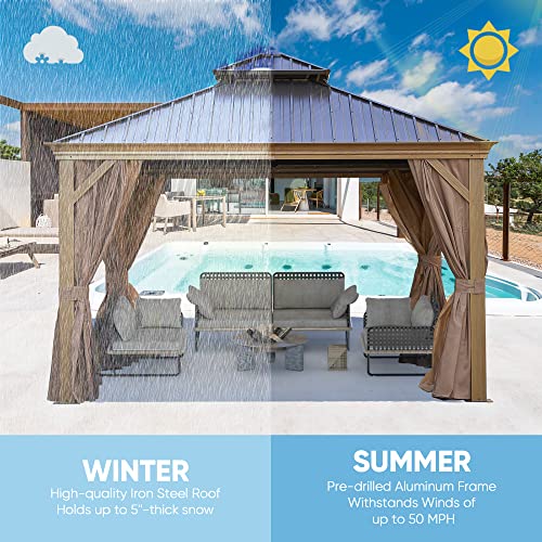 12 * 12FT Hardtop Gazebo Pavilion Aluminum Frame with Galvanized Steel Canopy Outdoor Permanent Gazebo with Netting and Curtains Deck Backyard Heavy Duty Sunshade Large Metal Patio Gazebo, Brown