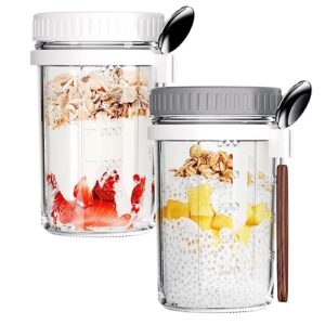 overnight oat containers with lids and spoon, 16oz large capacity glass mason jars, glass food storage containers for milk, cereal, vegetable and fruit salad (2 pack)