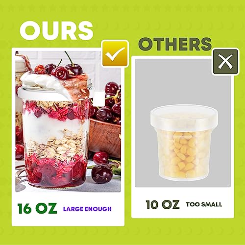 Overnight Oat Containers with Lids and Spoon, 16OZ Large Capacity Glass Mason Jars, Glass Food Storage Containers for Milk, Cereal, Vegetable and Fruit Salad (2 PACK)